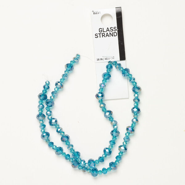 Bead mix, glass, translucent teal blue AB, 4x3mm-8x7mm faceted rondelle. Sold per 15-1/2 to 16-inch strand. image number 0