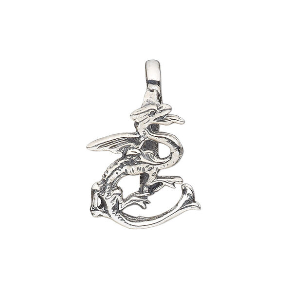 Bail, donut, antiqued sterling silver, 26x17mm dragon, 11mm grip length. Sold individually. image number 0