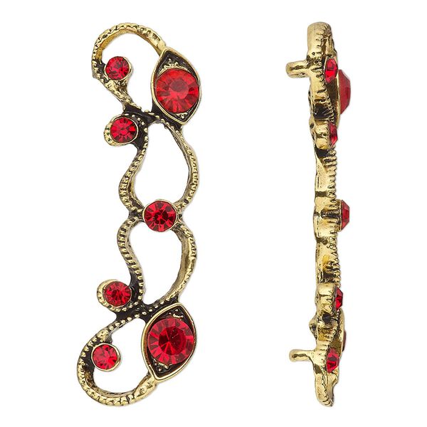 Spacer, antiqued gold-finished "pewter" (zinc-based alloy) and Czech glass rhinestone, light Siam, 45x13mm 2-strand with fancy design. Sold per pkg of 4. image number 0
