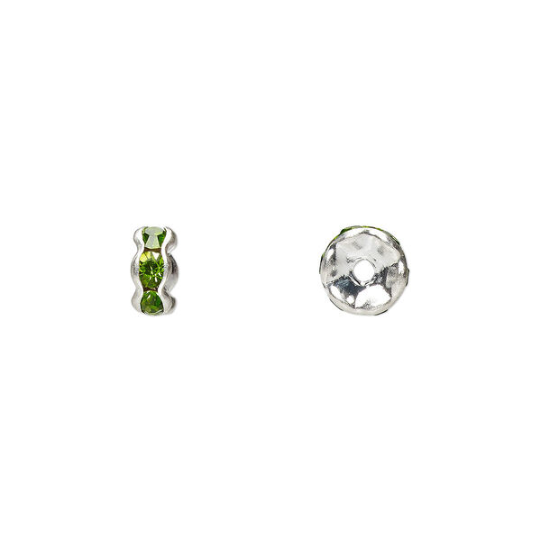 Bead, glass rhinestone and silver-plated brass, peridot green, 6x3mm rondelle. Sold per pkg of 10. image number 0
