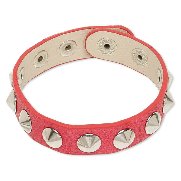 Bracelet, imitation leather and imitation rhodium-finished steel, pink, 15mm wide with studs, adjustable at 6-1/2 and 7 inches with snap closure. Sold individually. image number 0