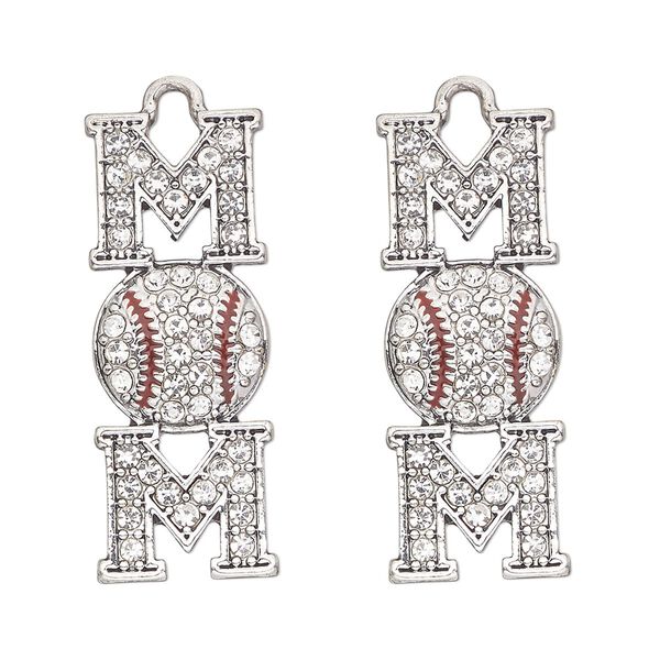 Focal, antique silver-finished "pewter" (zinc-based alloy) and glass, clear and red, 32x12mm single-sided mom and baseball. Sold per pkg of 2. image number 0