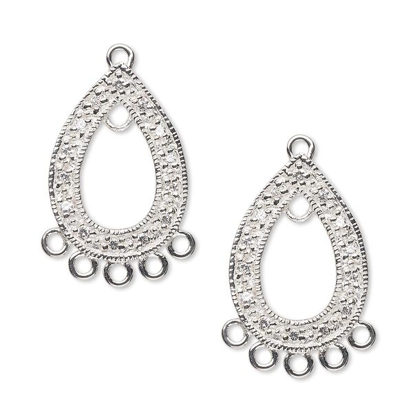 Drop, sterling silver and cubic zirconia, clear, 20x14mm single-sided open teardrop with 6 closed loops. Sold individually. image number 0