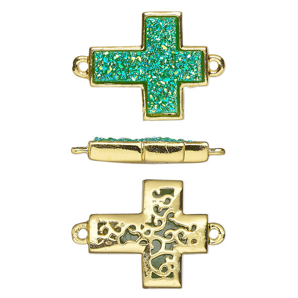 Link, Druzylite™, "druzy" (resin) and gold-finished brass, green, 18x16mm two-sided cross with open filigree back. Sold per pkg of 4. image number 0