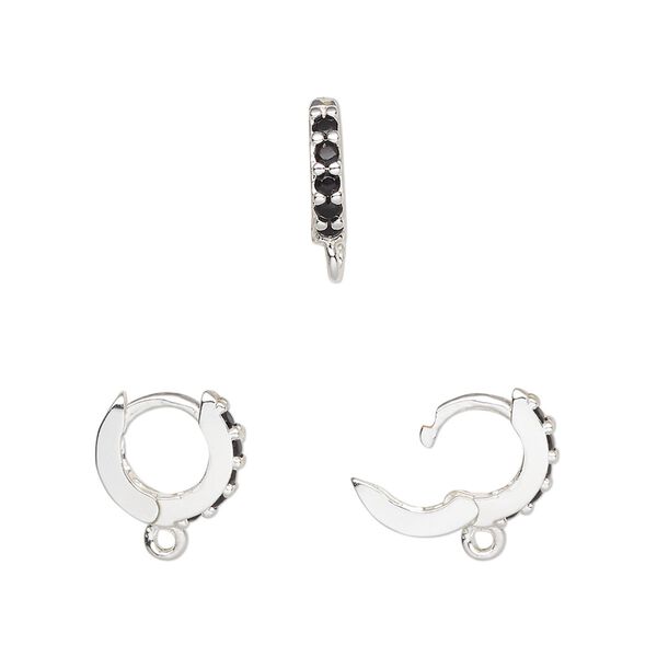 Hoop, silver-finished brass and glass, black, 11mm hoop, 18 gauge. Sold per pair. image number 0