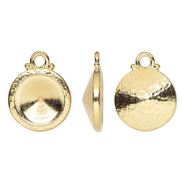 Drop, TierraCast®, Almost Instant Jewelry®, gold-plated pewter (tin-based alloy), 15mm hammered round with 12mm rivoli glue-in setting (1122). Sold per pkg of 20. image number 0