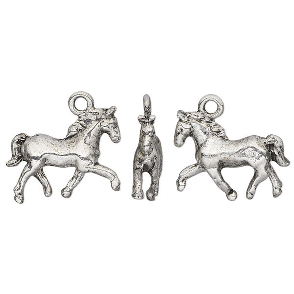 Charm, pewter (tin-based alloy), pkg/1, antique silver plate, 17.5x16.5mm double-sided horse. image number 0