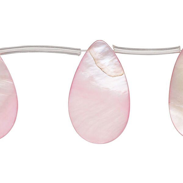 Bead, mother-of-pearl shell (dyed), pink, 25x6mm-25x9mm top-drilled flat teardrop, Mohs hardness 3-1/2. Sold per 14-inch strand, approximately 15 beads. image number 0