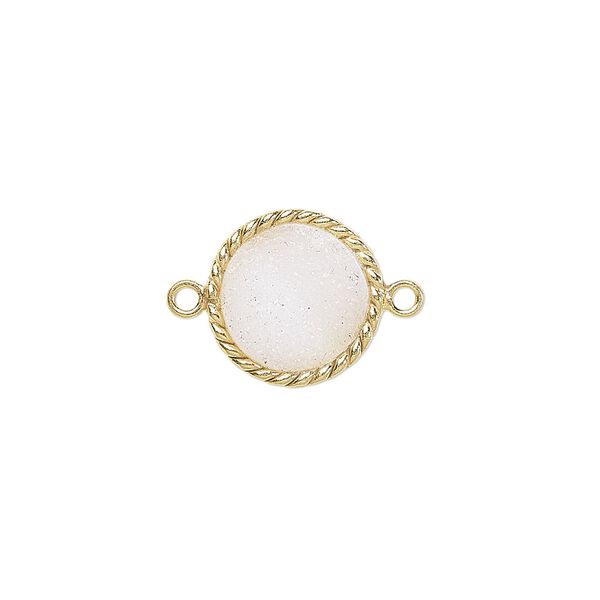 Link, druzy agate (dyed) and gold-plated sterling silver, white, 14-16mm hand-cut single-sided flat round with twisted wire design. Sold individually. image number 0