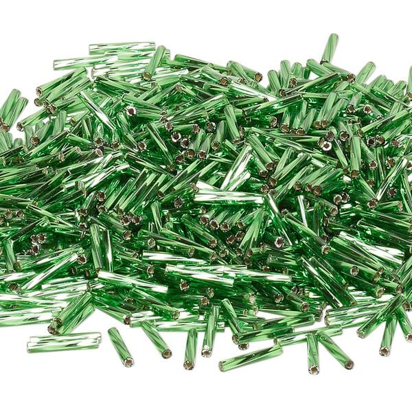 Bead, Miyuki, bugle bead, glass, pkg/250 g, 12x2mm center-drilled twisted, silver-lined translucent green, (TW-16). image number 0