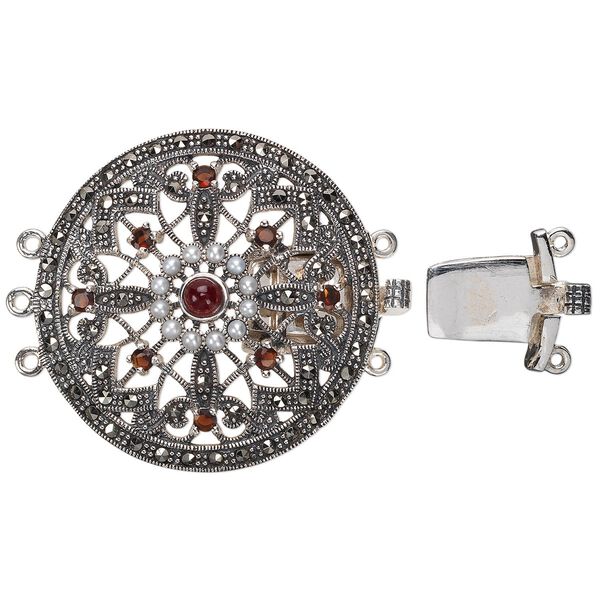 Clasp, 3-strand tab, Signity® marcasite (natural) / garnet (imitation) / freshwater pearl shell (bleached) / antiqued sterling silver, white, 37mm domed round with cutout designs. Sold individually. image number 0