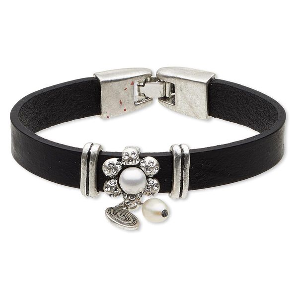 Bracelet, leather (dyed) / crystals / acrylic / antique silver-plated "pewter" (zinc-based alloy), white and clear, 15mm wide with flower, 6-1/2 inches with fold-over clasp. Sold individually. image number 0