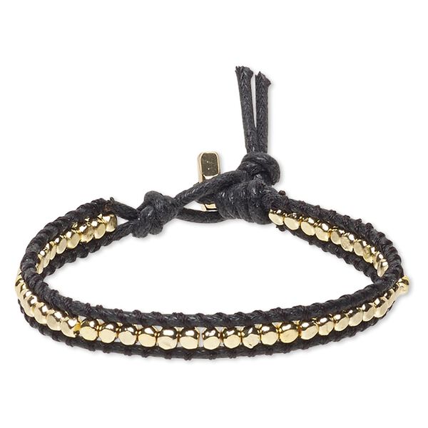 Bracelet, waxed cotton cord with gold-finished brass and steel, black, 8mm wide, 6-1/2 inches with a hex nut clasp. Sold individually. image number 0