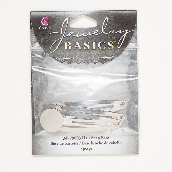 Hair clip, silver-finished steel, 53x16mm with 16mm round glue-on pad. Sold per pkg of 3. image number 0