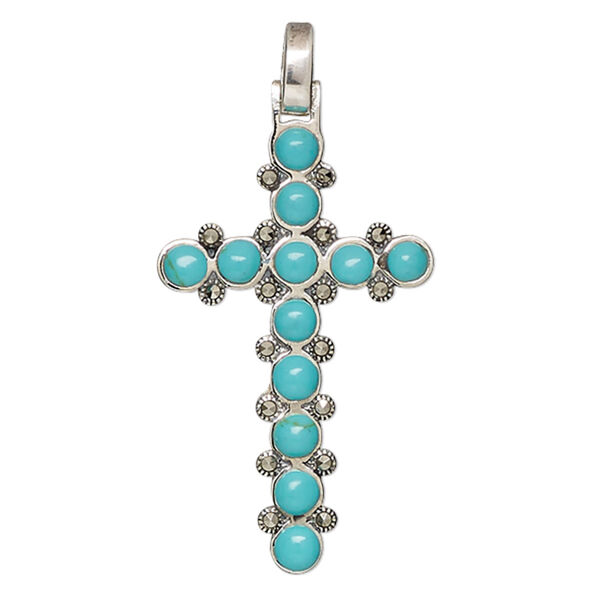 Pendant, marcasite (natural) / "turquoise" (imitation) resin / sterling silver, turquoise blue, 41x23mm cross. Sold individually. image number 0