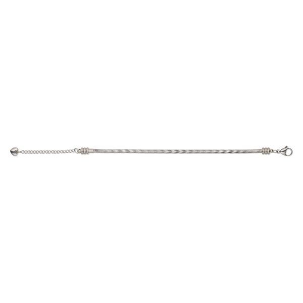 Bracelet, Dione® Easy-On Chain, stainless steel, 3.1mm snake, 7-1/2 inches with 3.8mm removable twist end and 2-inch extender chain with 8x7.5mm heart and lobster claw clasp. Sold individually. image number 0