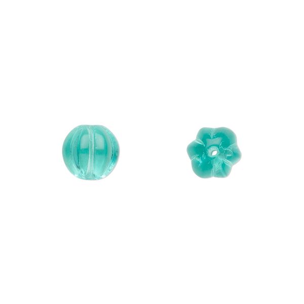 Bead, Czech pressed glass, light aqua, 8x8mm fluted round. Sold per 15-1/2" to 16" strand, approximately 50 beads. image number 0