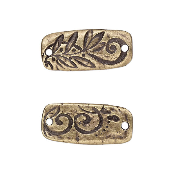 Link, TierraCast®, "Vida Mas Dulce" collection, antique brass-plated pewter (tin-based alloy), 23.5x11mm two-sided rectangle with flora design. Sold per pkg of 2. image number 0