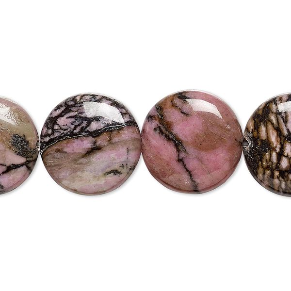 Rhodonite 1pkg1, puffed flat round bead natural B grade, 15.5-16 inch 16mm image number 0