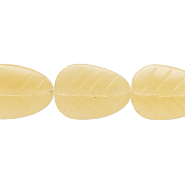 Bead, yellow calcite (stabilized / coated), 18x13mm double-sided carved leaf, B grade, Mohs hardness 3. Sold per 15-1/2" to 16" strand. image number 0