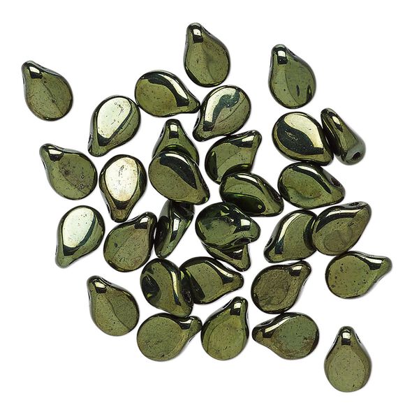 Bead, Preciosa Pip™, Czech pressed glass, opaque dark olive luster, 7x5mm top-drilled pip. Sold per pkg of 30. image number 0