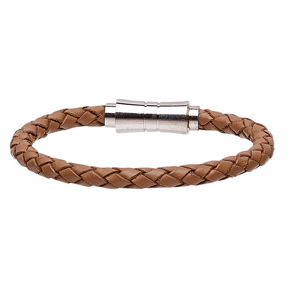 Bracelet, Everyday Jewelry, leather (dyed) and stainless steel, light brown, 6mm bolo cord, 6-1/2 inches with magnetic clasp. Sold individually. image number 0