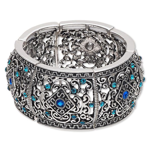 Bracelet, stretch, glass rhinestone and antique silver-finished "pewter" (zinc-based alloy), blue and blue AB, 32.5mm wide with diamond and swirl design, 6-1/2 inches. Sold individually. image number 0