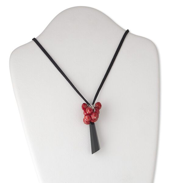 Necklace, glass / steel / faux suede, black / red / silver, 60x16mm hexagon drop and 12x9mm faceted rondelle, adjustable 32-40 inches. Sold individually. image number 0