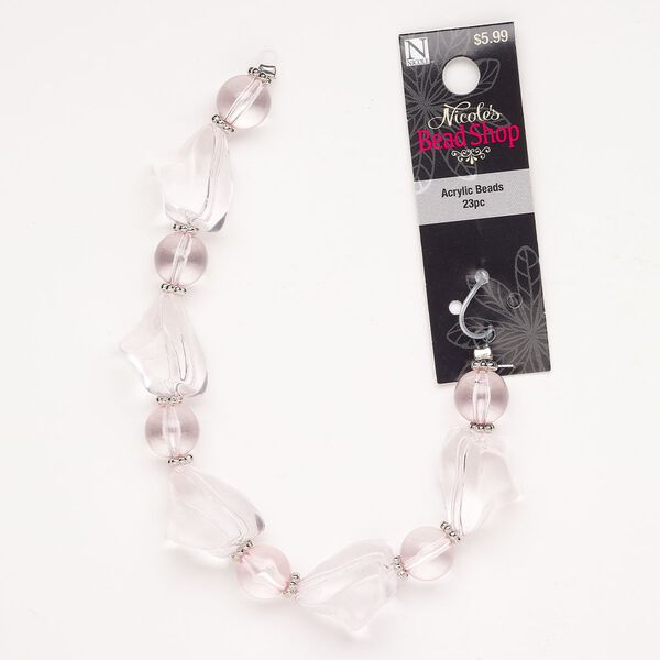 Bead acrylic 1pk 23x18mm freeform, CCB silver finish pink 8 inch image number 0