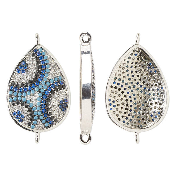 Link, cubic zirconia and silver-finished brass, blue / black / clear, 22x16.5mm single-sided teardrop with circle design. Sold individually. image number 0