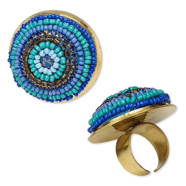 Ring, lapis (imitation) / glass / cotton / brass / steel, metallic multicolored, 40mm round with cupchain, adjustable. Sold individually. image number 0