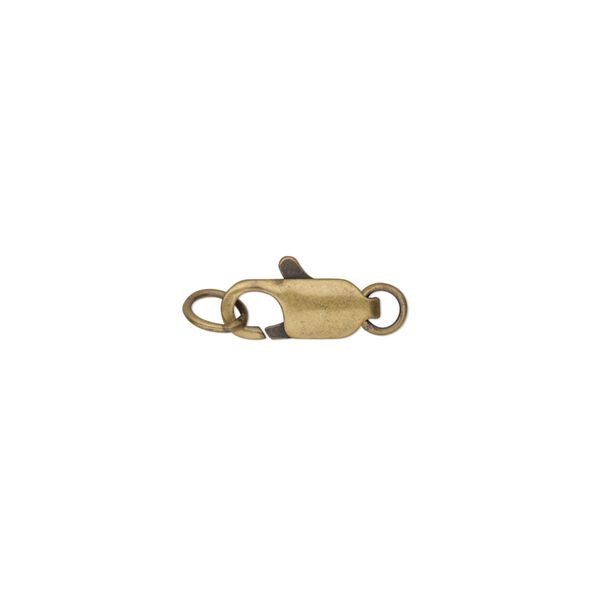 Clasp, lobster claw, antique gold-plated brass, 12x5mm with two (2) rings. Sold per pkg of 10. image number 0