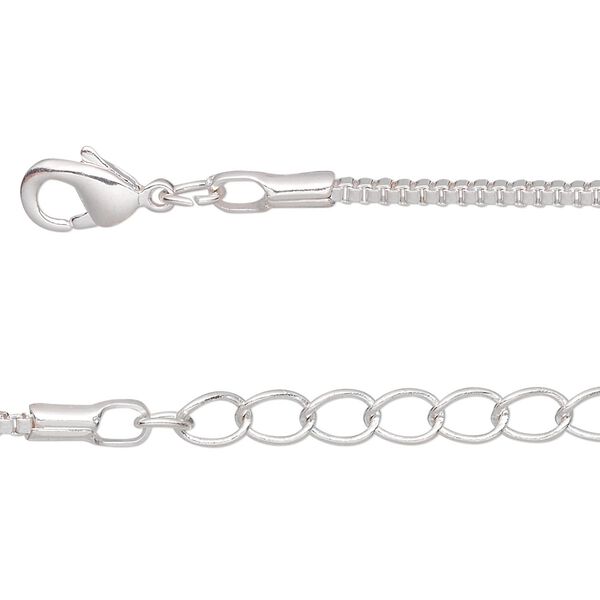 Chain, silver-plated brass, 1.5mm Venetian box, 7-1/2 inches with 1-1/4 inch extender chain and lobster claw clasp. Sold per pkg of 6. image number 0