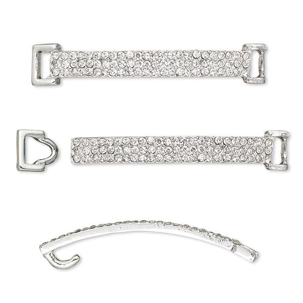Clasp, hook-and-eye, glass rhinestone and silver-finished "pewter" (zinc-based alloy), clear, 48x8mm single-sided curved rectangle, 5x2.5mm inside diameter. Sold per 2-piece set. image number 0