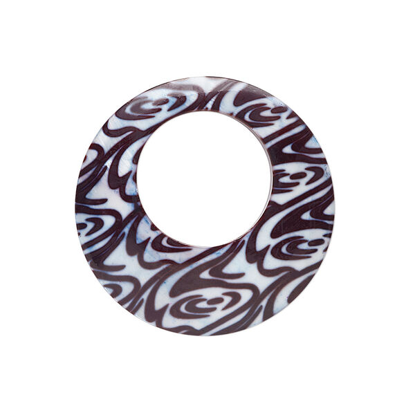 Focal, blister pearl shell (dyed), white / dark brown / purple, 54-58mm round go-go with swirl decal. Sold individually. image number 0
