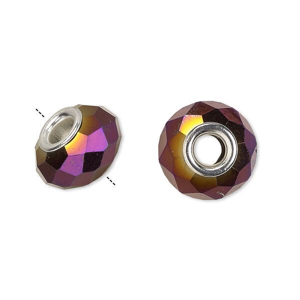 Bead, Dione®, glass and silver-plated brass grommets, 32-facet, opaque metallic dark purple, 14x9mm faceted rondelle. Sold per pkg of 6. image number 0