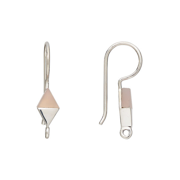 Ear wire, pink chalcedony (dyed) and sterling silver, 24mm fishhook with 10x6mm hand-cut diamond and closed loop, 19 gauge. Sold per pair. image number 0