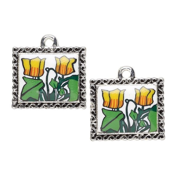 Drop, glazed polymer clay and silver-finished "pewter" (zinc-based alloy), multicolored, 20x17mm single-sided rectangle with tulip design and swirl edge. Sold per pkg of 2. image number 0