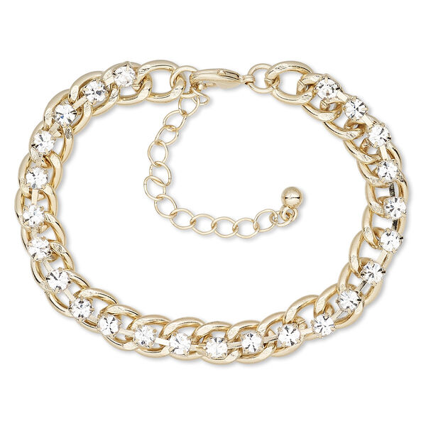 Bracelet, glass rhinestone with gold-finished steel and brass, clear, 8mm wide with cupchain, 6-1/2 inches with 2-inch extender chain and lobster claw clasp. Sold individually. image number 0