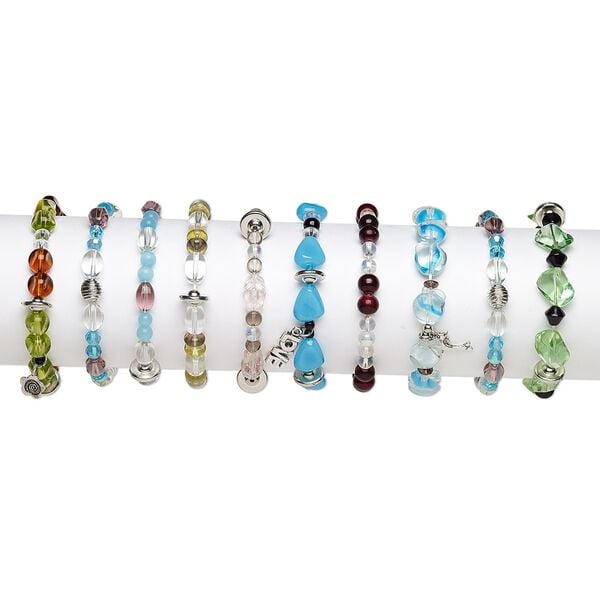 Bracelet mix, stretch, glass / steel / mix-coated plastic, multicolored, 3-16mm multi-shape, 7 inches. Sold per pkg of 10. image number 0