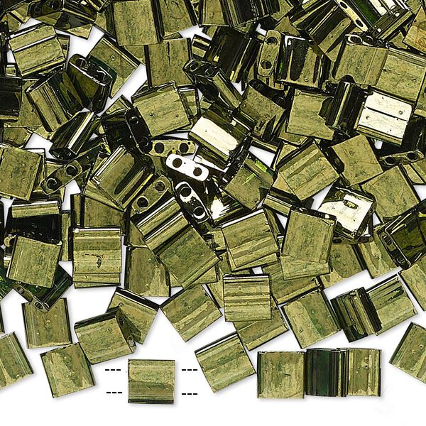 Seed bead, TILA®, glass, pkg/10g, 5mm full tila square, translucent luster olive green, (TL-306). image number 0