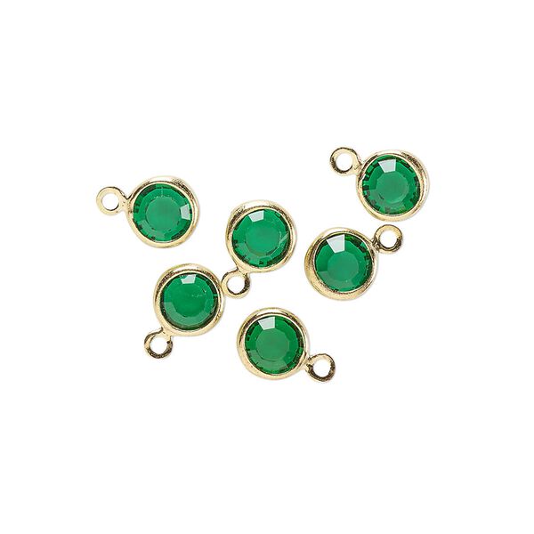Drop, glass rhinestone and gold-finished brass, emerald green, 6-6.5mm faceted round. Sold per pkg of 6. image number 0