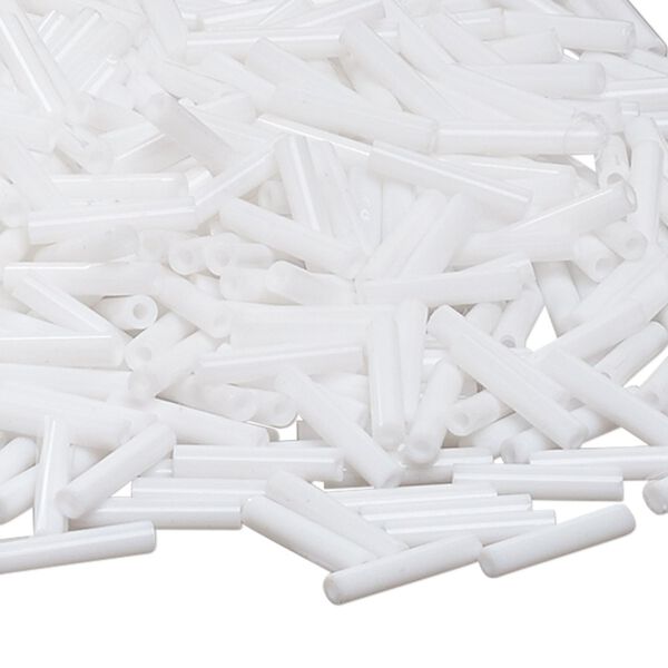 Bead, Miyuki, bugle bead, glass, pkg/50 g, 12x2.4mm center-drilled, opaque white, (RBU-402). image number 0