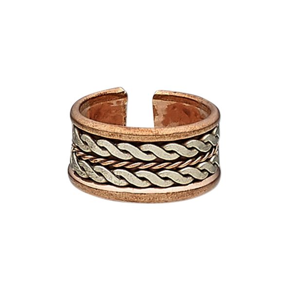 Ring, antiqued brass and aluminum, 12mm wide with twisted wire and wave design, size 9. Sold individually. image number 0