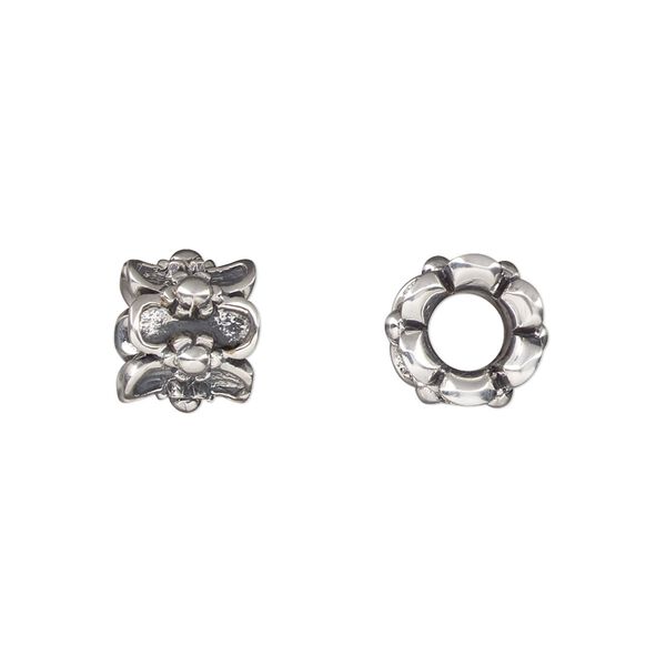 Bead, antiqued sterling silver, 10.5x8.5mm rondelle with flower design. Sold individually. image number 0