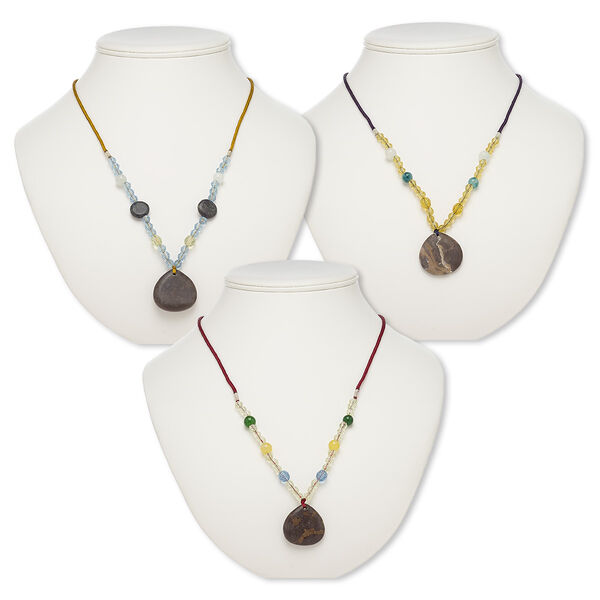Multi-gemstone / acrylic / glass 1pkg3, teardrop pendant necklace mix continuous loop 20-24 inch 29x28mm-31x30mm image number 0