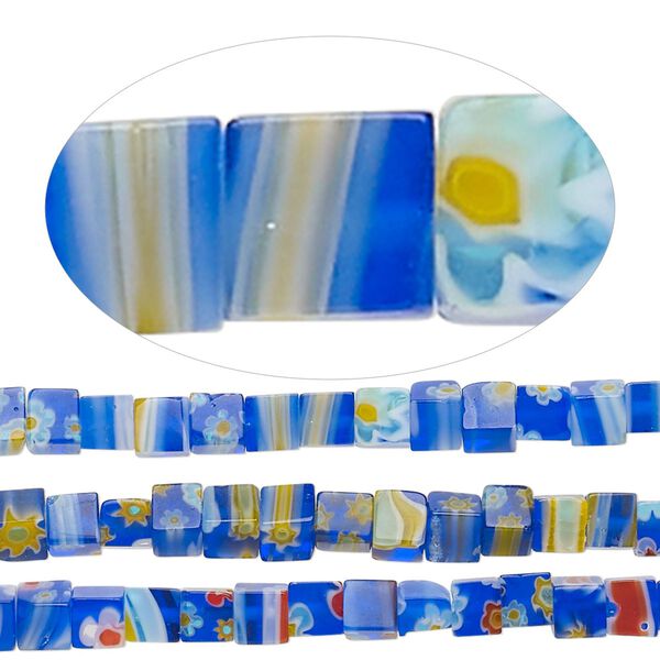 Bead, millefiori glass, translucent blue and multicolored, 4mm cube with flower design. Sold per pkg of (3) 14-inch strands. image number 0