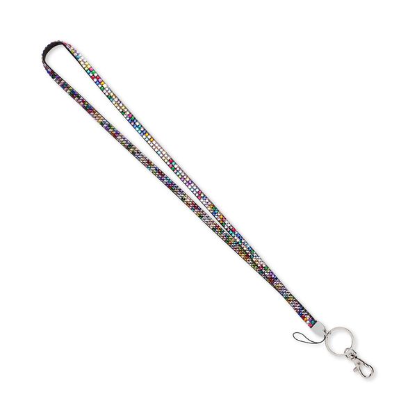 Lanyard, faux suede / acrylic rhinestone / silver- / nickel-plated "pewter" (zinc-based alloy), multicolored, 8mm wide, 34 inches with lobster claw clasp. Sold individually. image number 0
