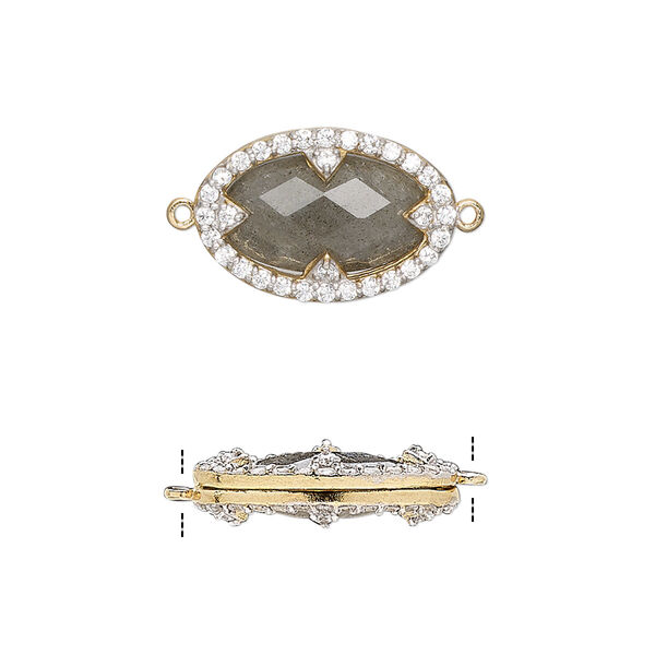 Link, labradorite (natural) / cubic zirconia / gold-finished sterling silver, clear, 18x12mm double-sided faceted oval. Sold individually. image number 0