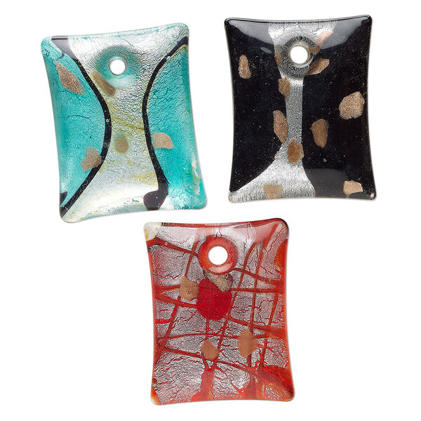 Random focal mix, lampworked glass, translucent mixed colors, 36x35mm-55x41mm puffed rectangle with copper-colored glitter and silver-colored foil. Sold per pkg of 3. image number 0